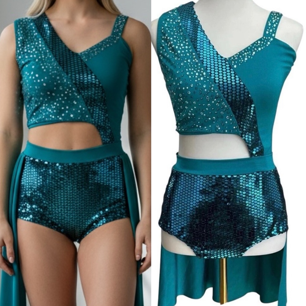 Kelle dance custom rhinestone solo costume teal blue cutout leotard MA adult